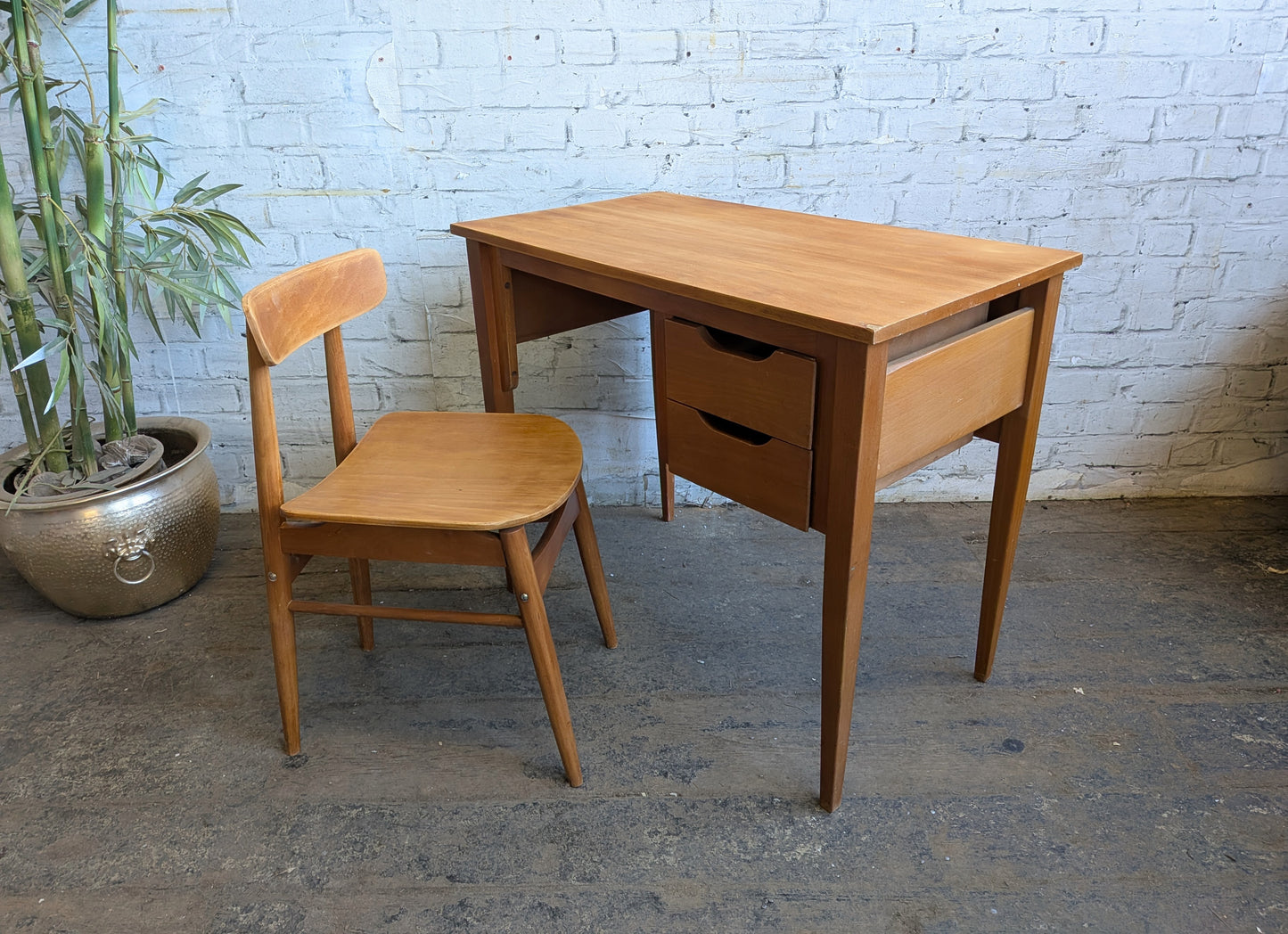 Small Vintage 1960s Mid Century Modern 2 Drawer Desk with Matching Chair