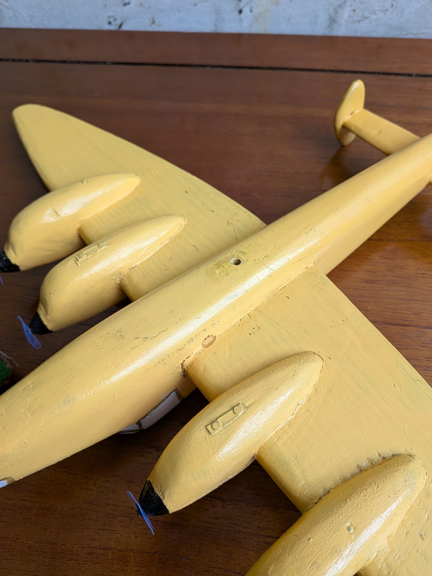 Vintage 50s 60s Folk Art Hand Painted Wooden Lancaster Bomber Toy Model on Art Deco Base