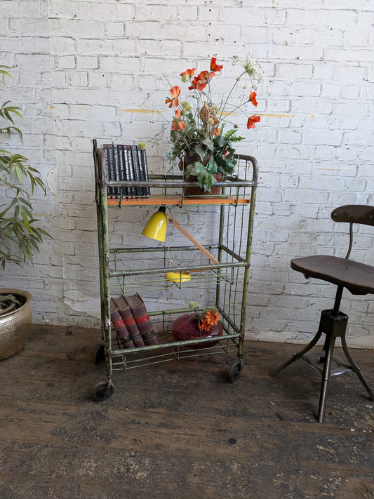 1 x Vintage 50s Mid Century Industrial Factory Steel Book Shelf Shelving Storage Trolley